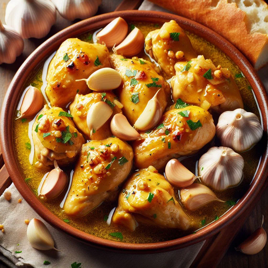 Golden-browned garlic chicken pieces in a rustic pan with white wine sauce and parsley