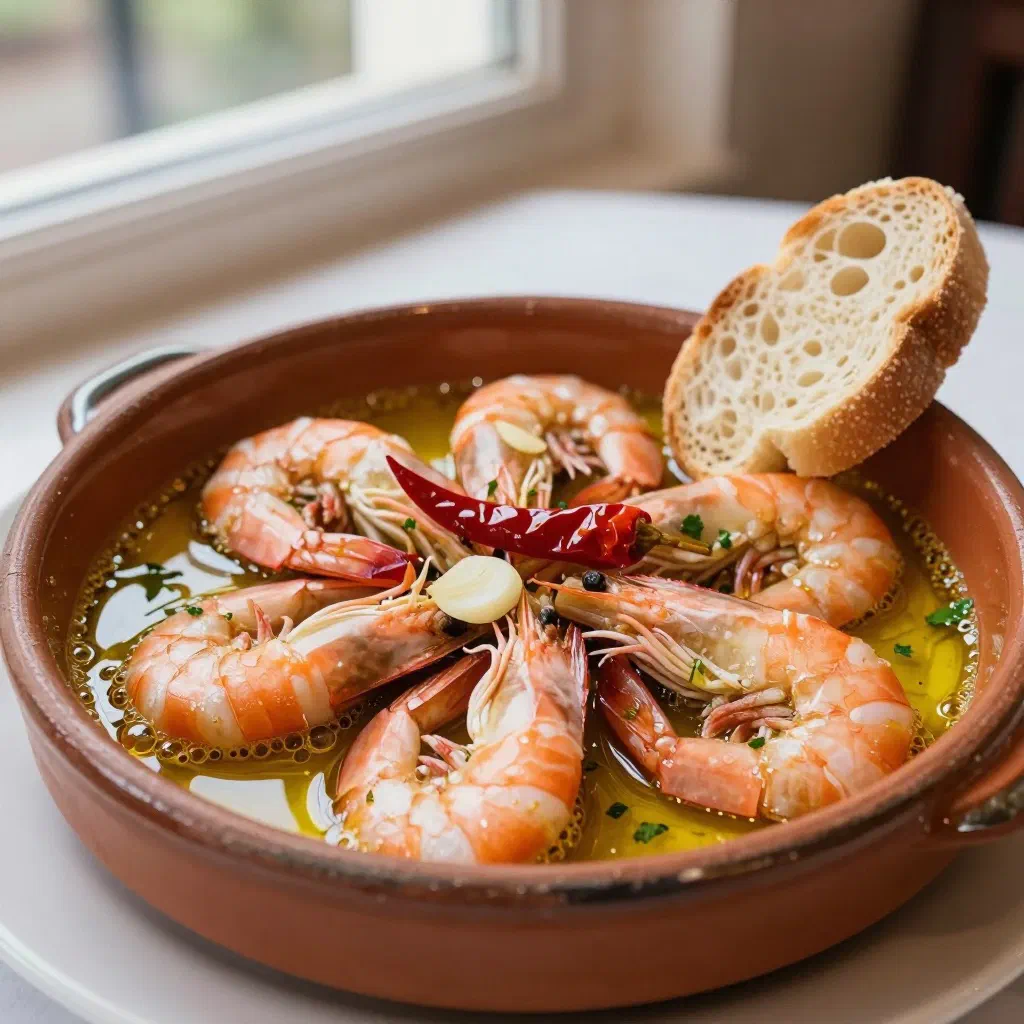 Sizzling garlic prawns in olive oil with chilli and parsley