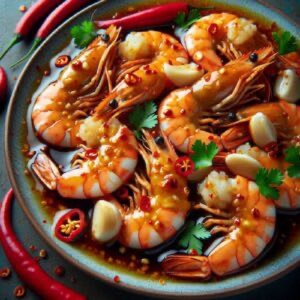 Sizzling garlic prawns in olive oil with chilli and parsley