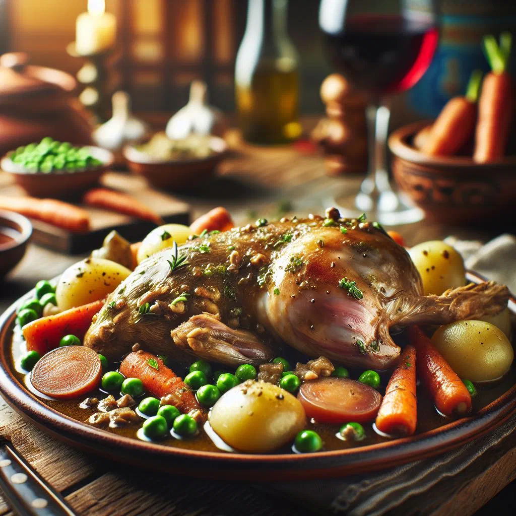 Pieces of golden-browned rabbit in a garlic and white wine sauce, garnished with parsley
