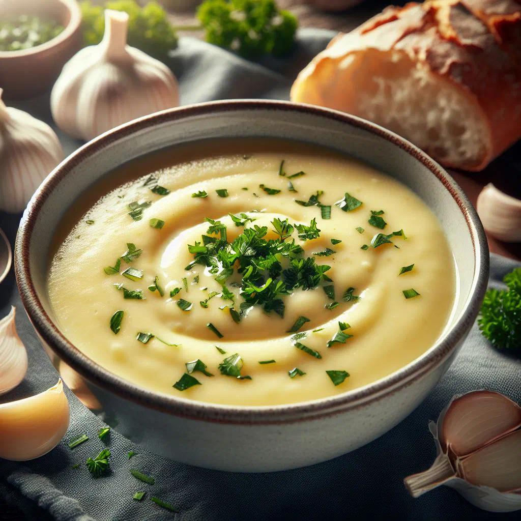 Bowl of Spanish garlic soup with bread and a poached egg