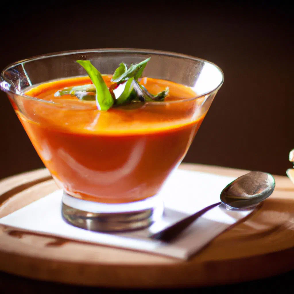A bowl of chilled Spanish gazpacho garnished with fresh vegetables