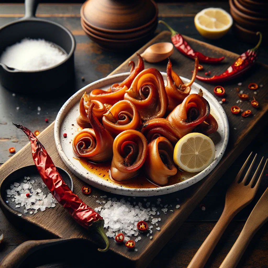 Crispy grilled pig's ear served with lemon wedges in the Spanish style