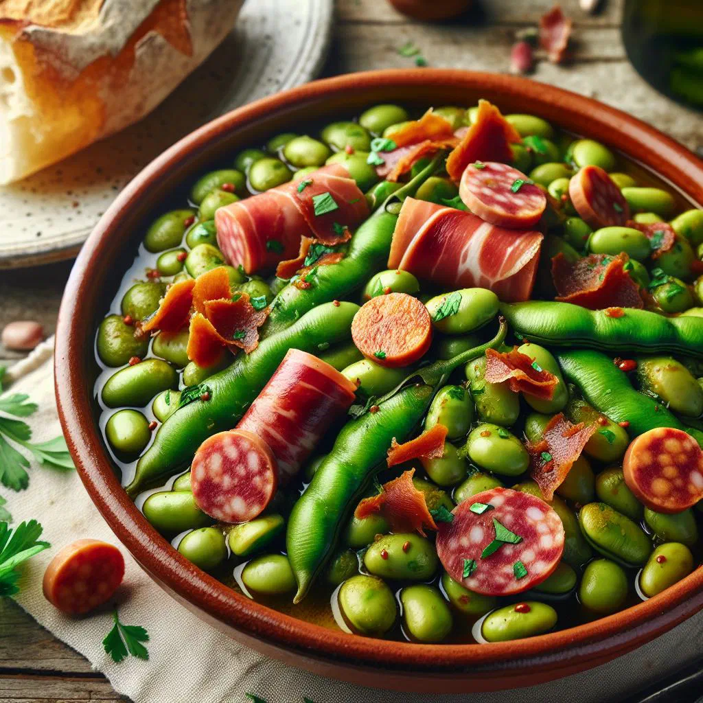 Habas a la Catalana with green beans, ham and quartered boiled eggs