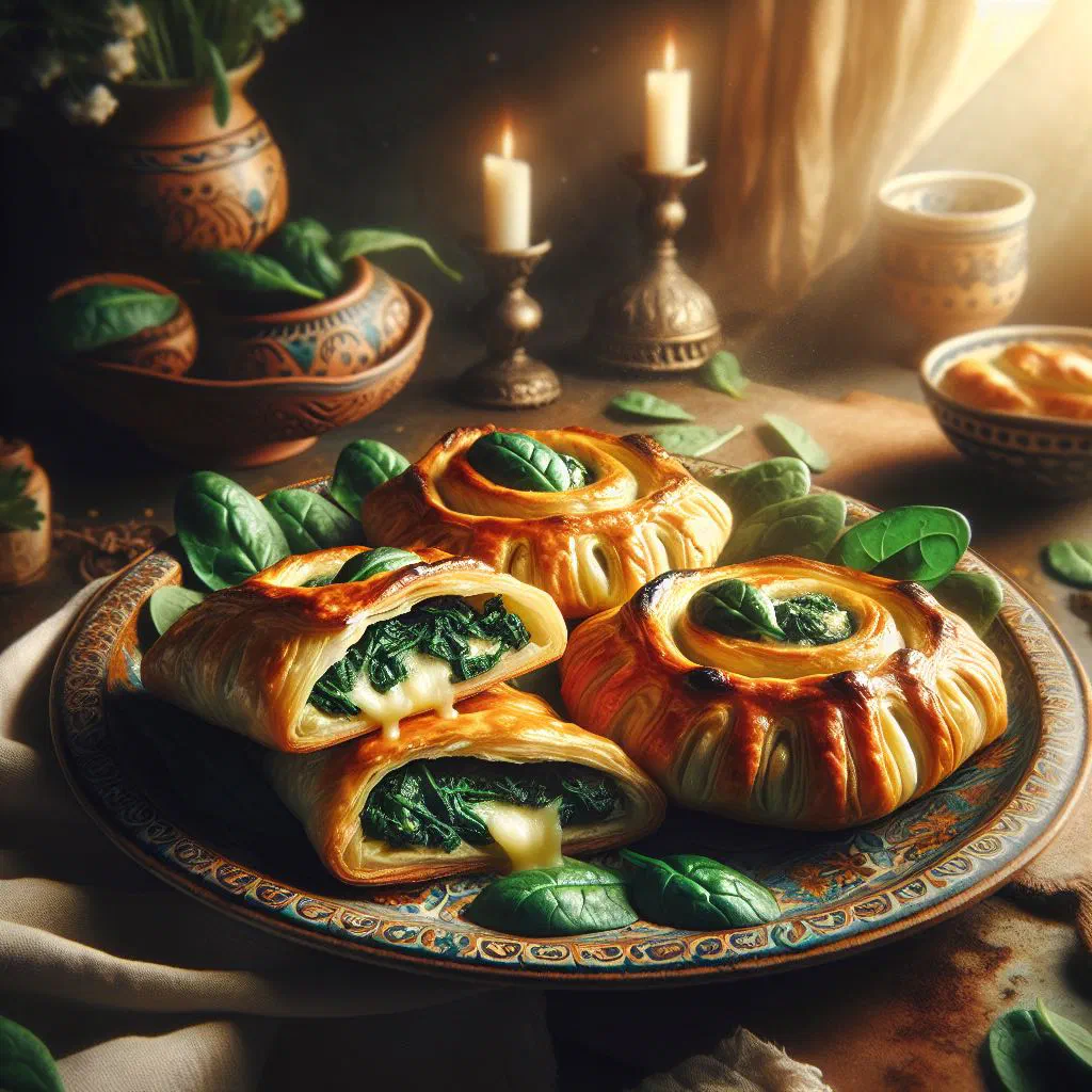 Golden puff pastry parcels filled with spinach and cheese on a wooden board