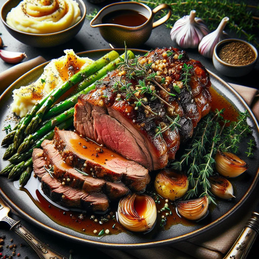 Golden roasted milk-fed lamb garnished with fresh rosemary