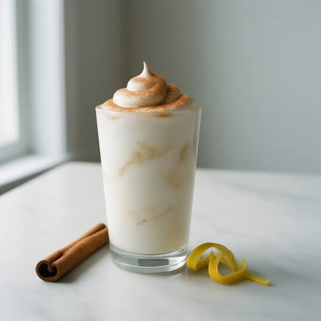 Glass of frozen leche merengada dusted with ground cinnamon and a cinnamon stick
