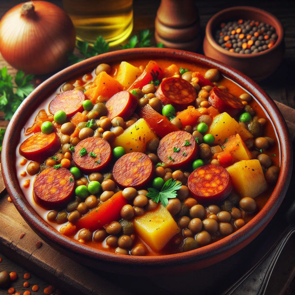A bowl of hearty lentil stew with chorizo, peppers and vegetables