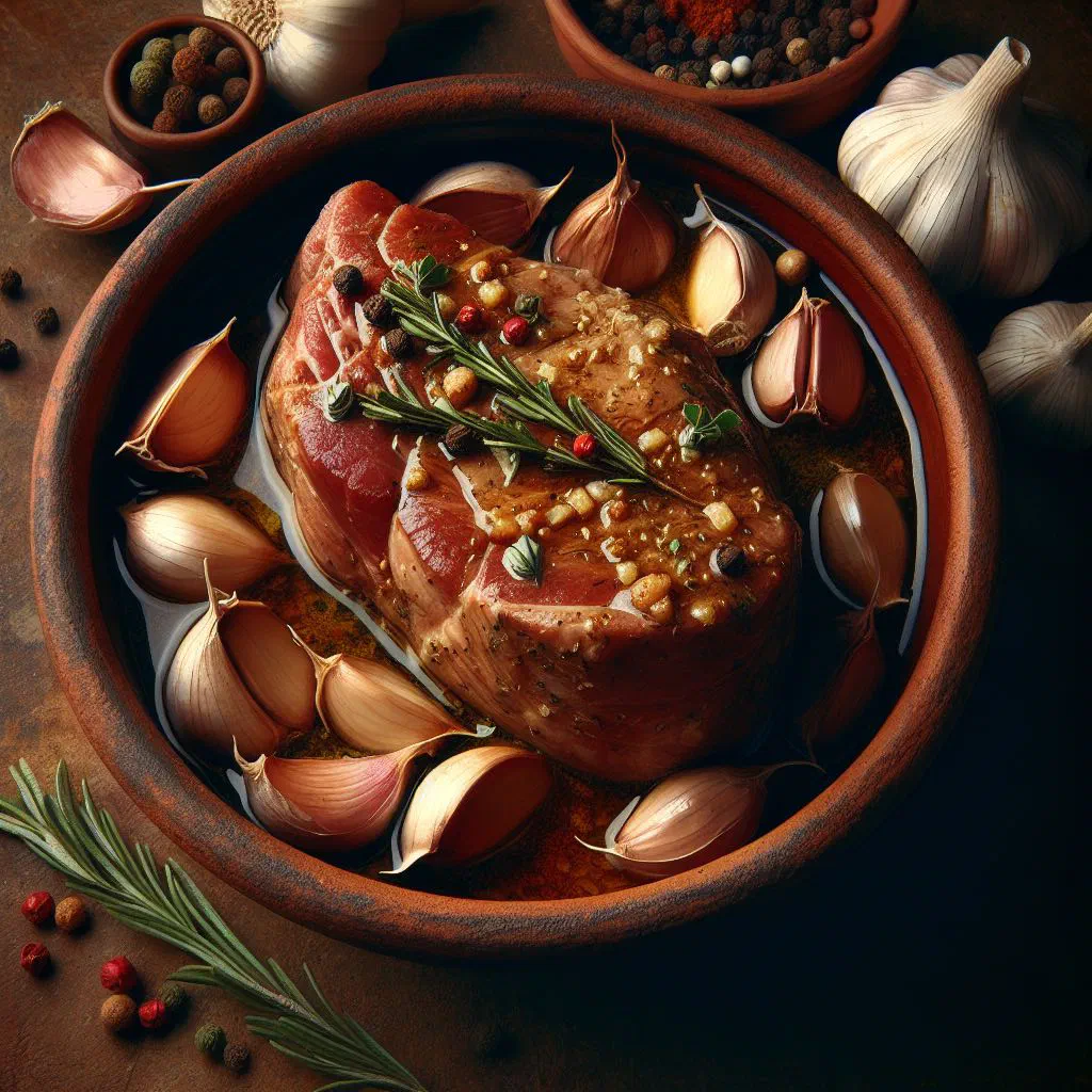 Slow-cooked pork loin preserved in olive oil with garlic and bay leaves