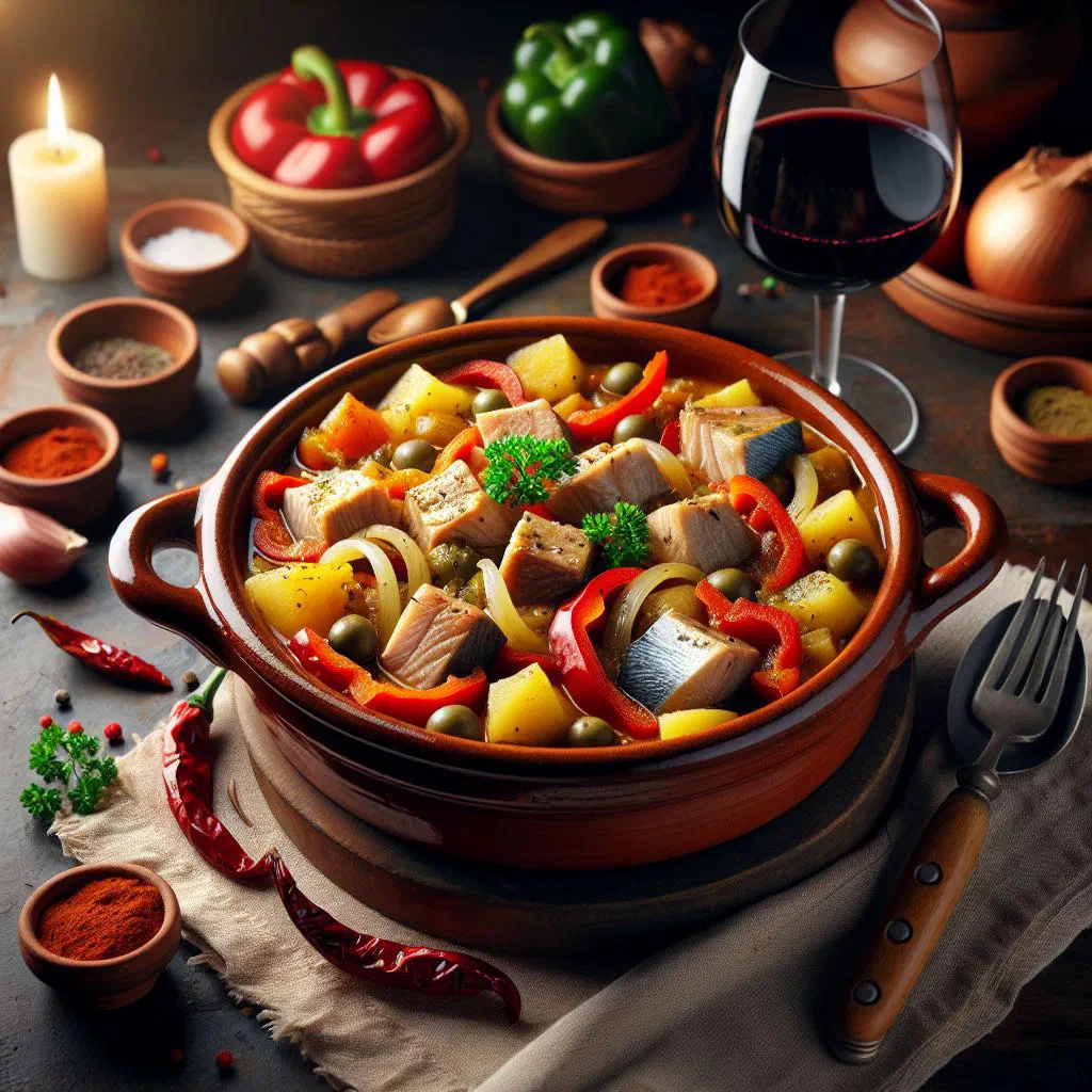 A rustic bowl of marmitako de bonito tuna and potato stew garnished with parsley