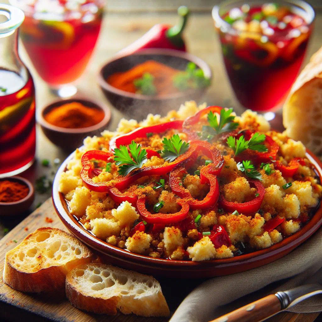 Crispy migas extremeñas with chorizo and golden fried bread in a rustic pan