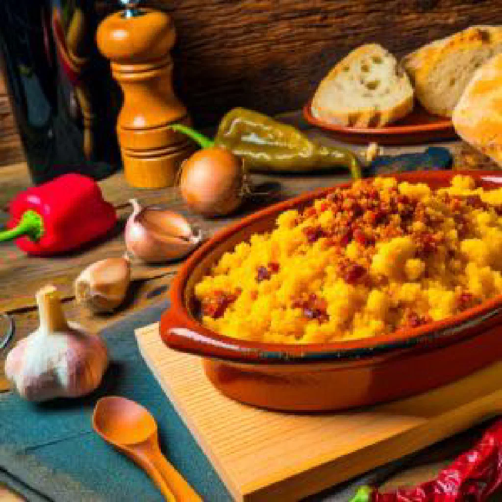 Spanish migas with crispy fried breadcrumbs, chorizo and garlic in a rustic pan