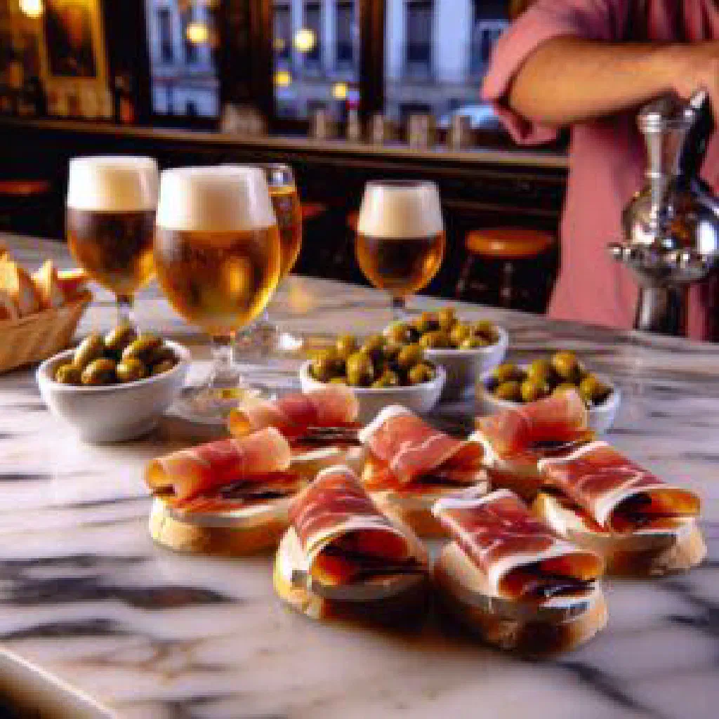 Montaditos topped with Serrano ham and Manchego cheese on toasted bread