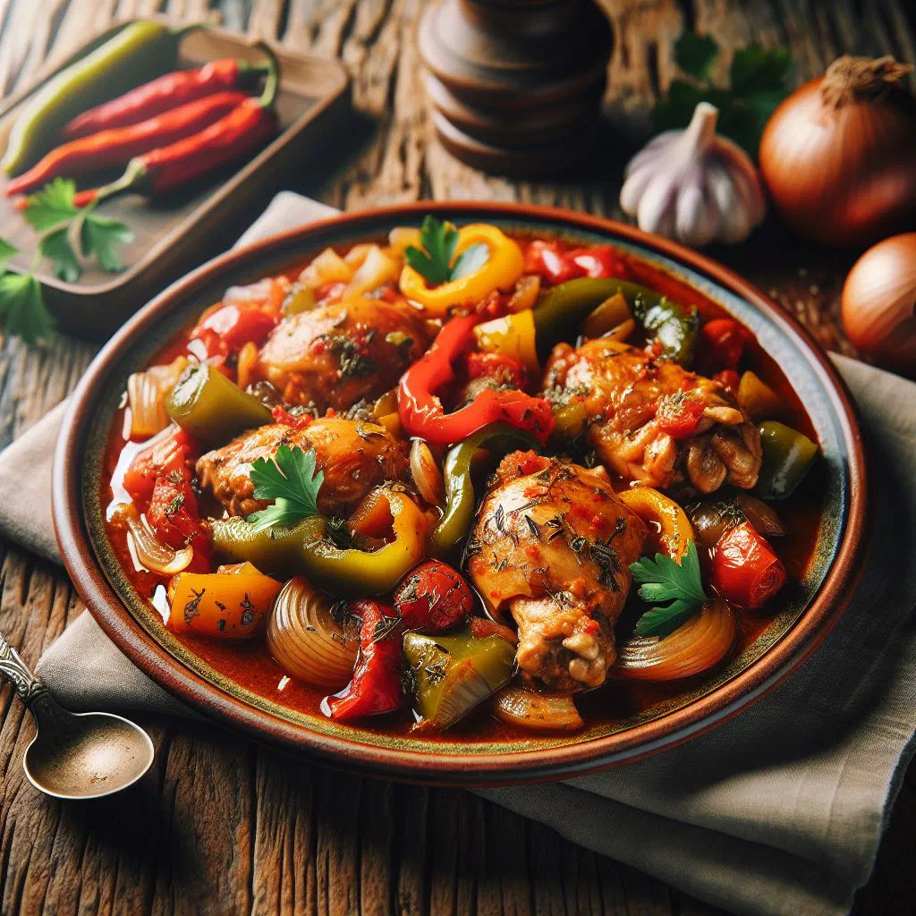 Braised chicken thighs in a red pepper and tomato chilindrón sauce