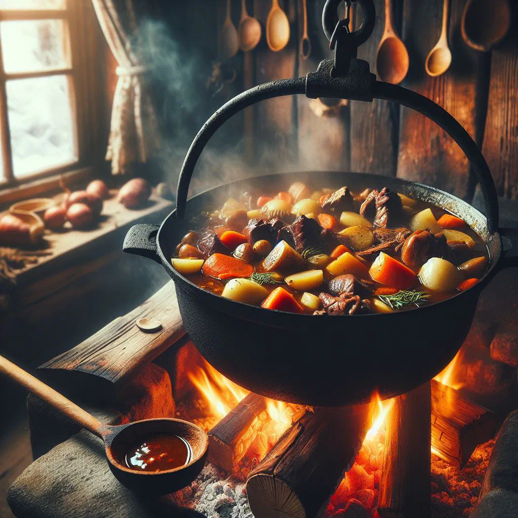 Rustic bowl of olla podrida with pork, chorizo and white beans