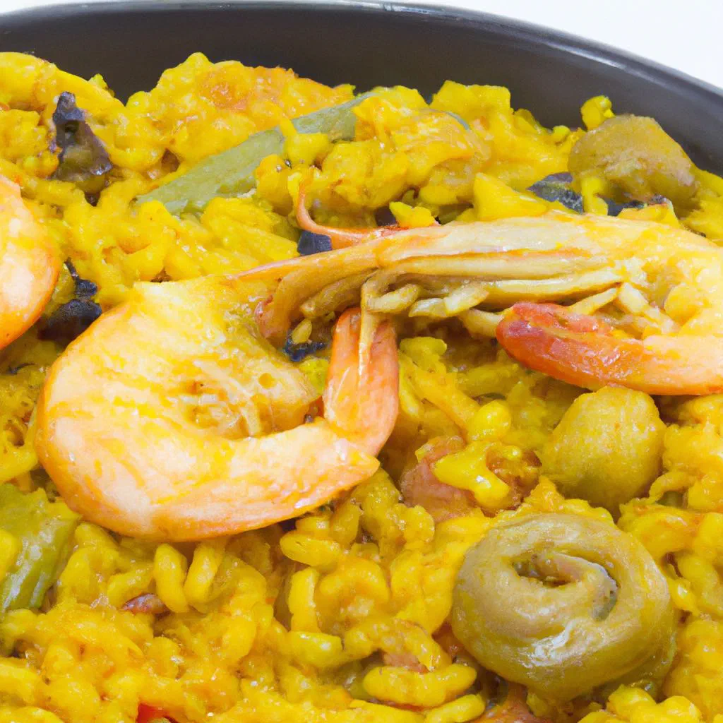 Paella Valenciana with chicken, green beans and saffron rice in a paella pan