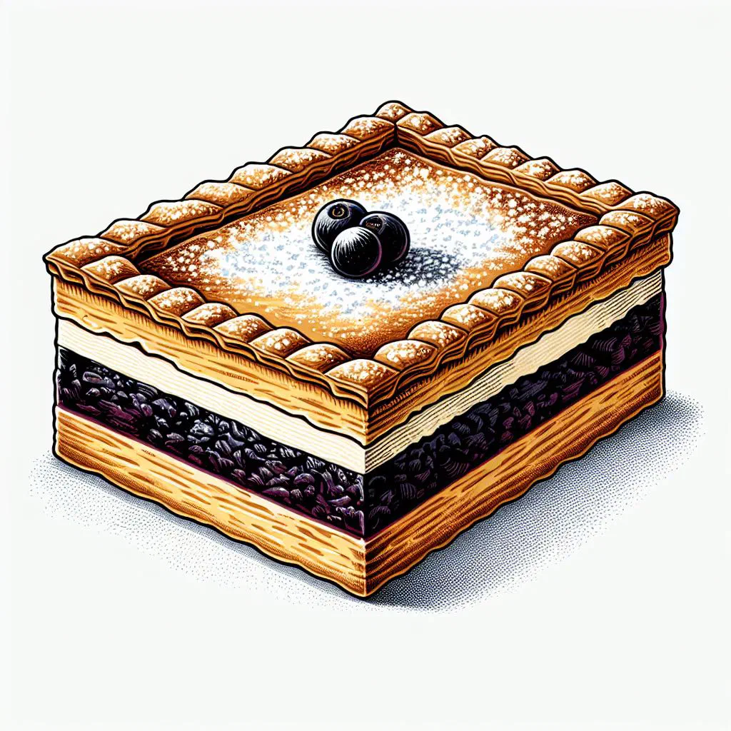 Slice of golden Pastel Vasco dusted with icing sugar on a plate