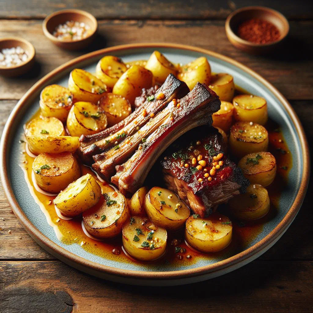 Spanish pork rib and potato stew in a rustic bowl with paprika sauce