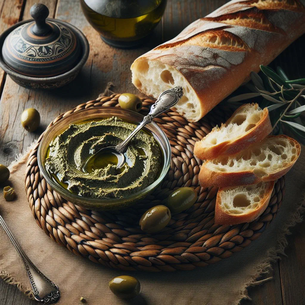 Bowl of dark olive tapenade drizzled with olive oil, served with bread