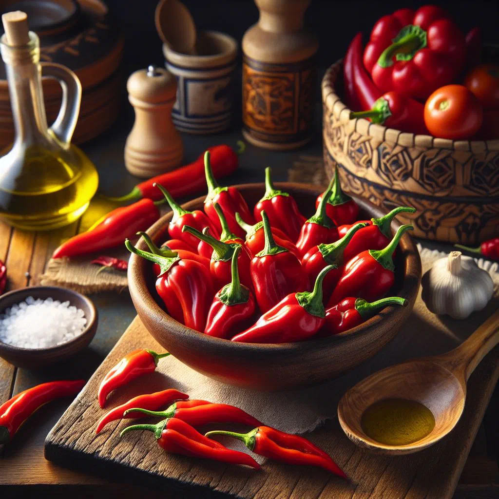 Bright red roasted Pimientos del Bierzo peppers drizzled with olive oil