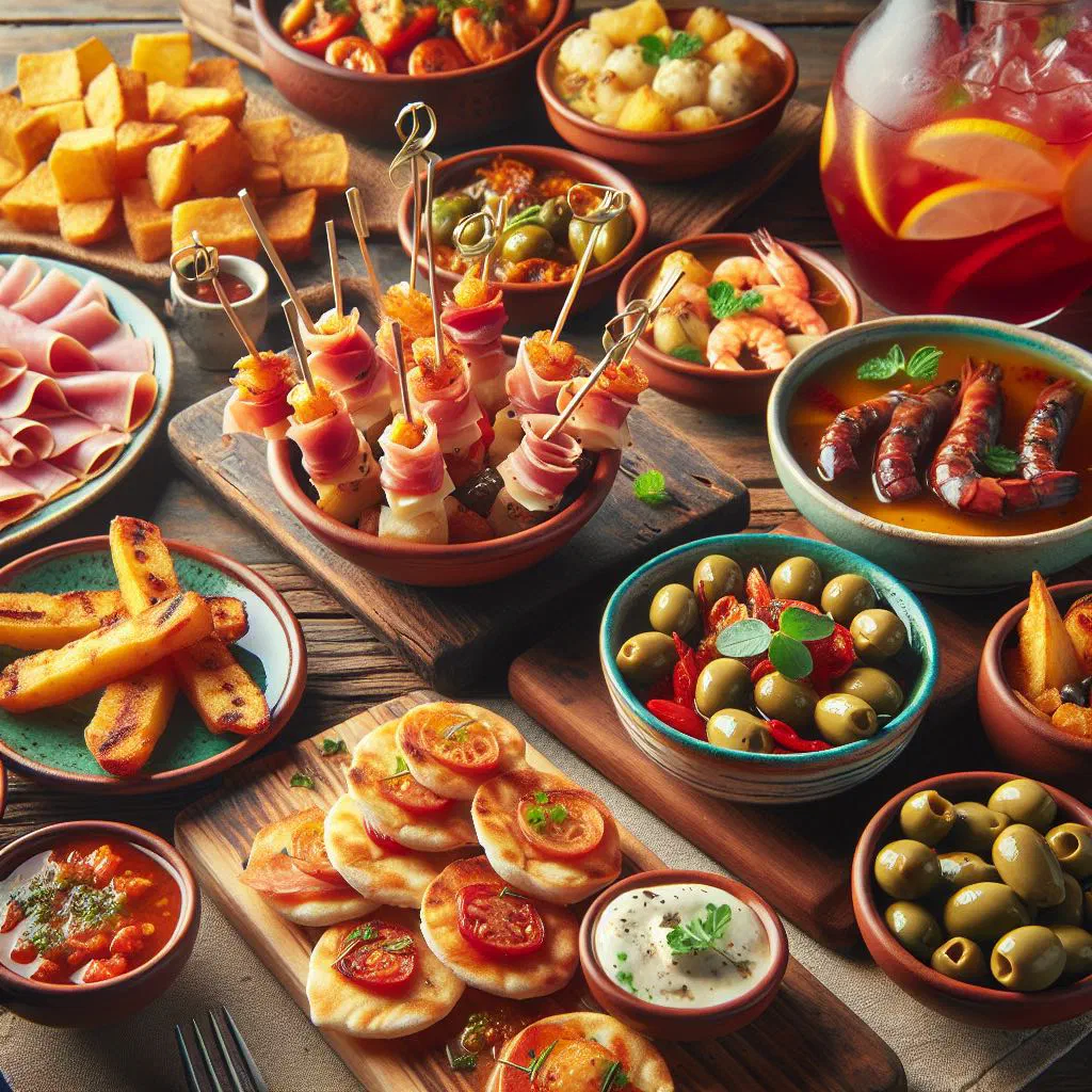 Grilled pinchos morunos skewers with spiced pork on a rustic board