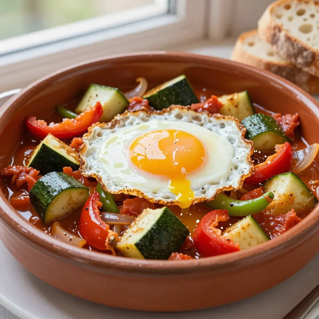 Pisto manchego vegetable stew with peppers, courgette and tomatoes in a rustic bowl