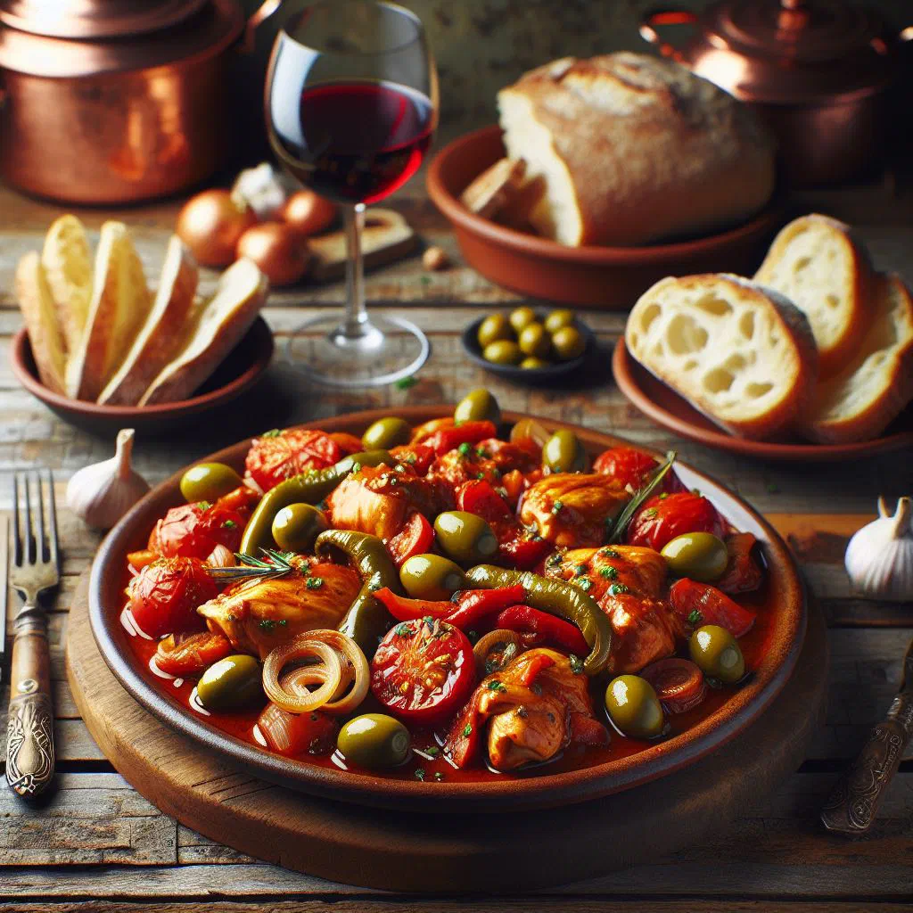 Braised chicken in a rich red pepper and tomato sauce