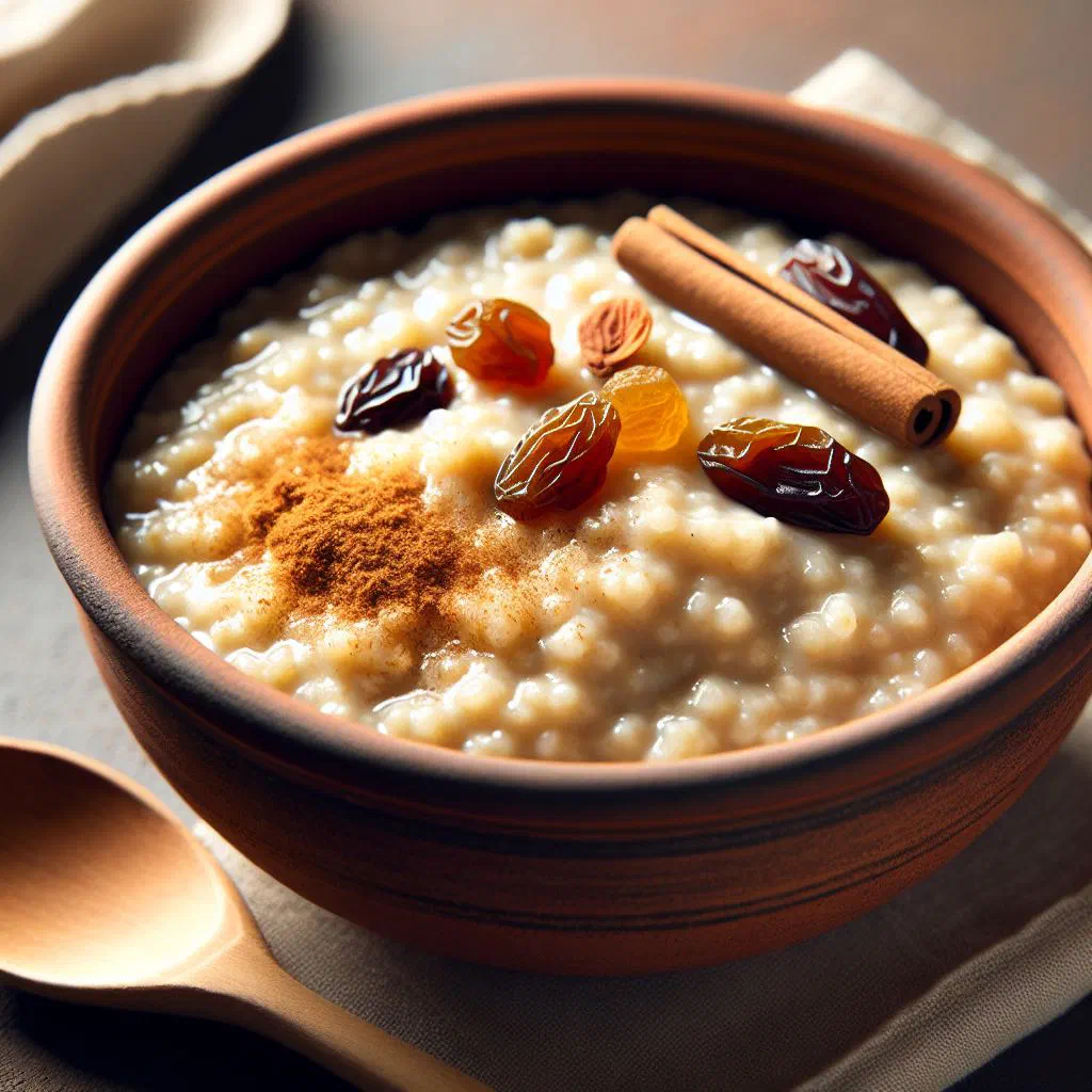 Bowl of creamy porridge topped with banana slices, almonds and cinnamon