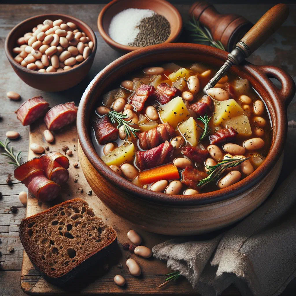 Hearty Spanish potaje bean stew with vegetables in a rustic bowl