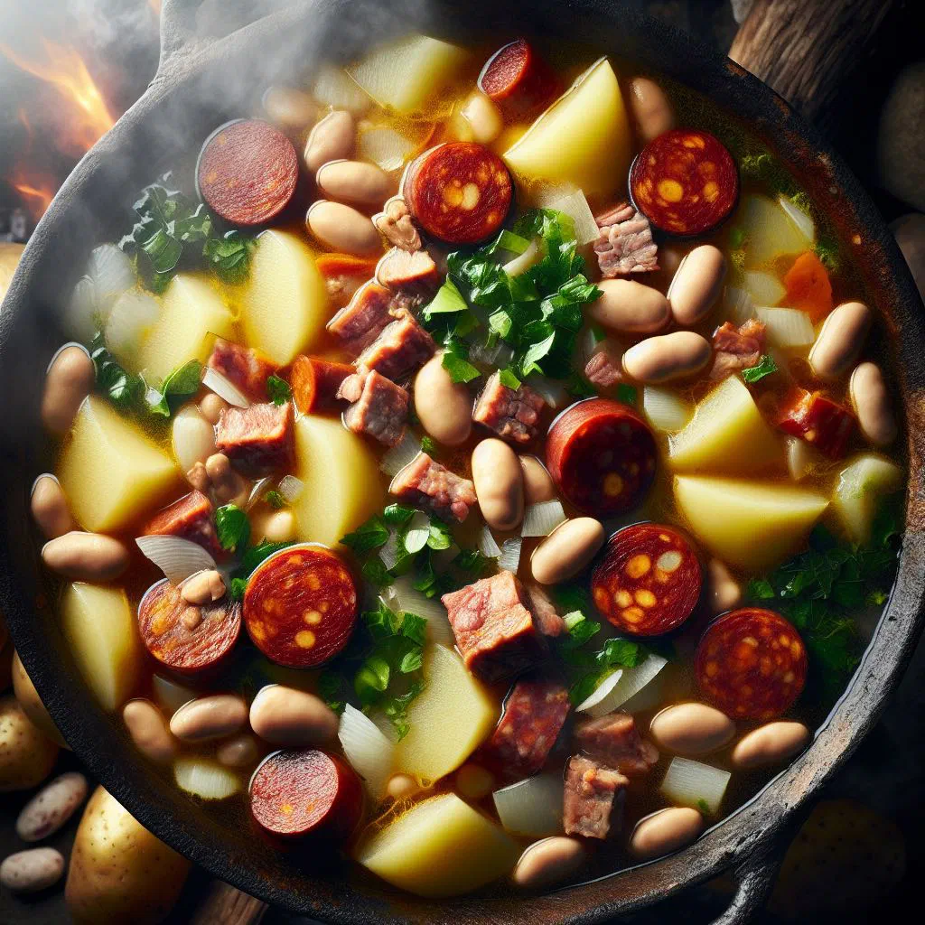Hearty Galician pote gallego stew with beef, chorizo, beans and potatoes in a rustic bowl