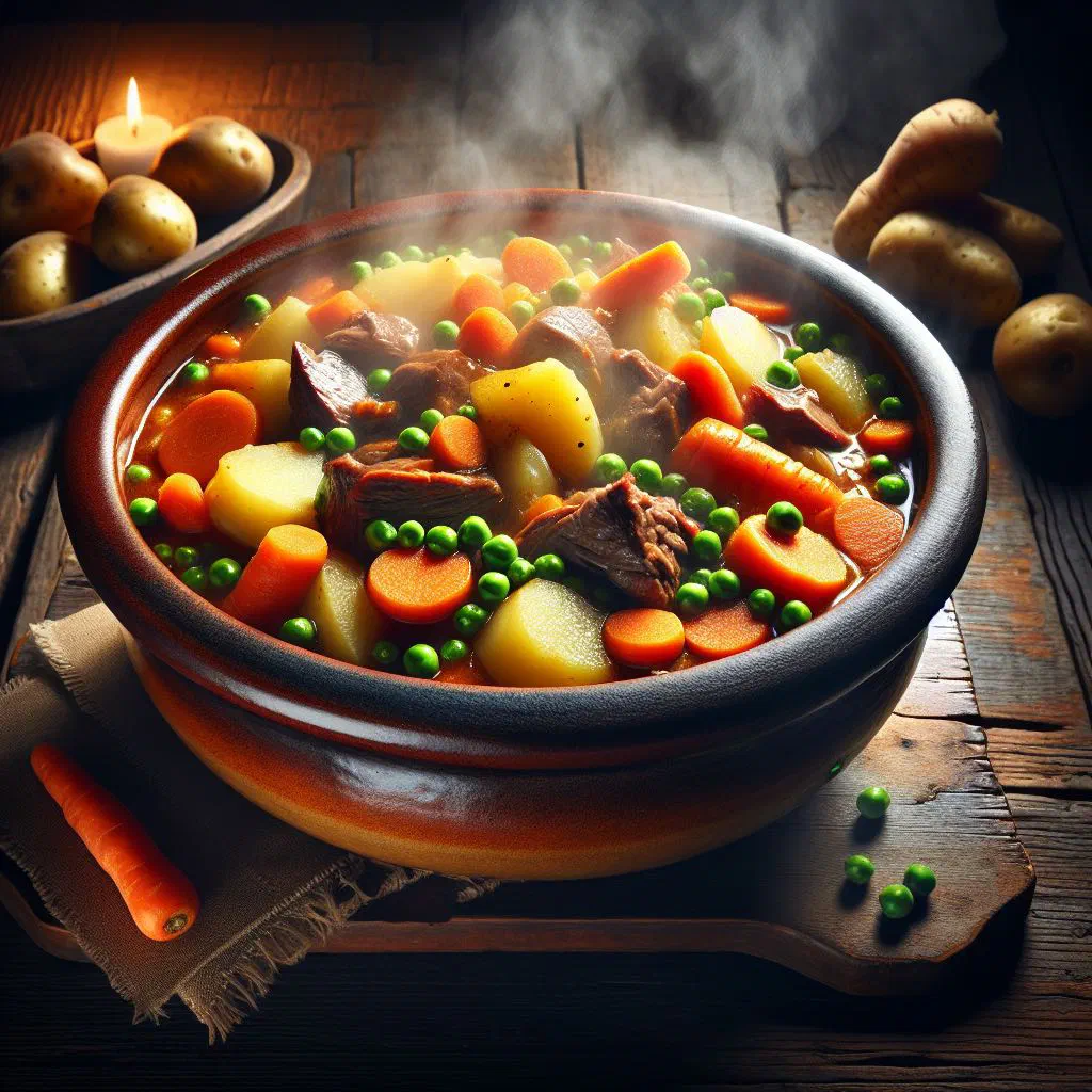 Andalusian pringá stew with tender pork, chorizo and morcilla in a rustic pot