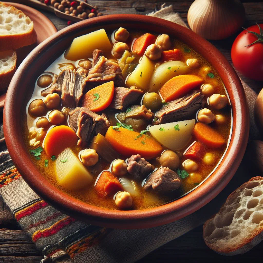 Bowl of puchero andaluz, a hearty Spanish stew with beef, chicken and vegetables