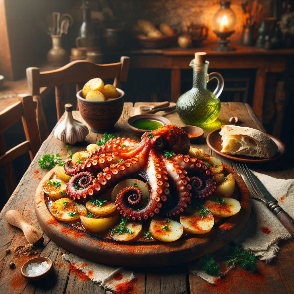 Sliced octopus drizzled with olive oil and dusted with smoked paprika