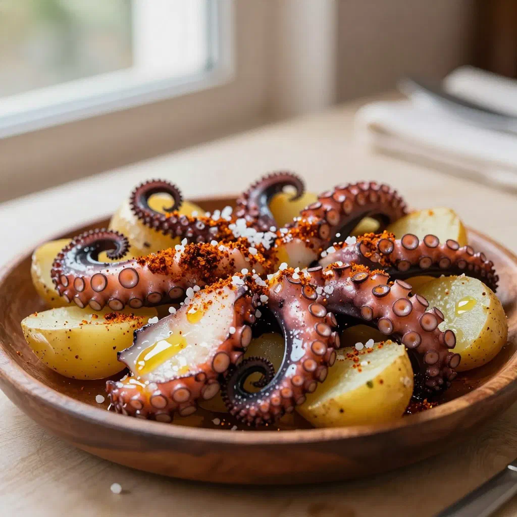 Sliced octopus on a wooden board dusted with paprika and olive oil