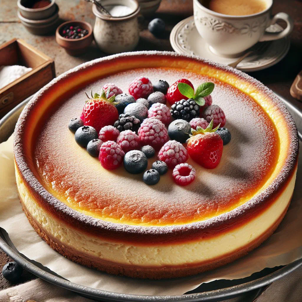 Golden-baked Quesada Pasiega cheesecake dusted with cinnamon