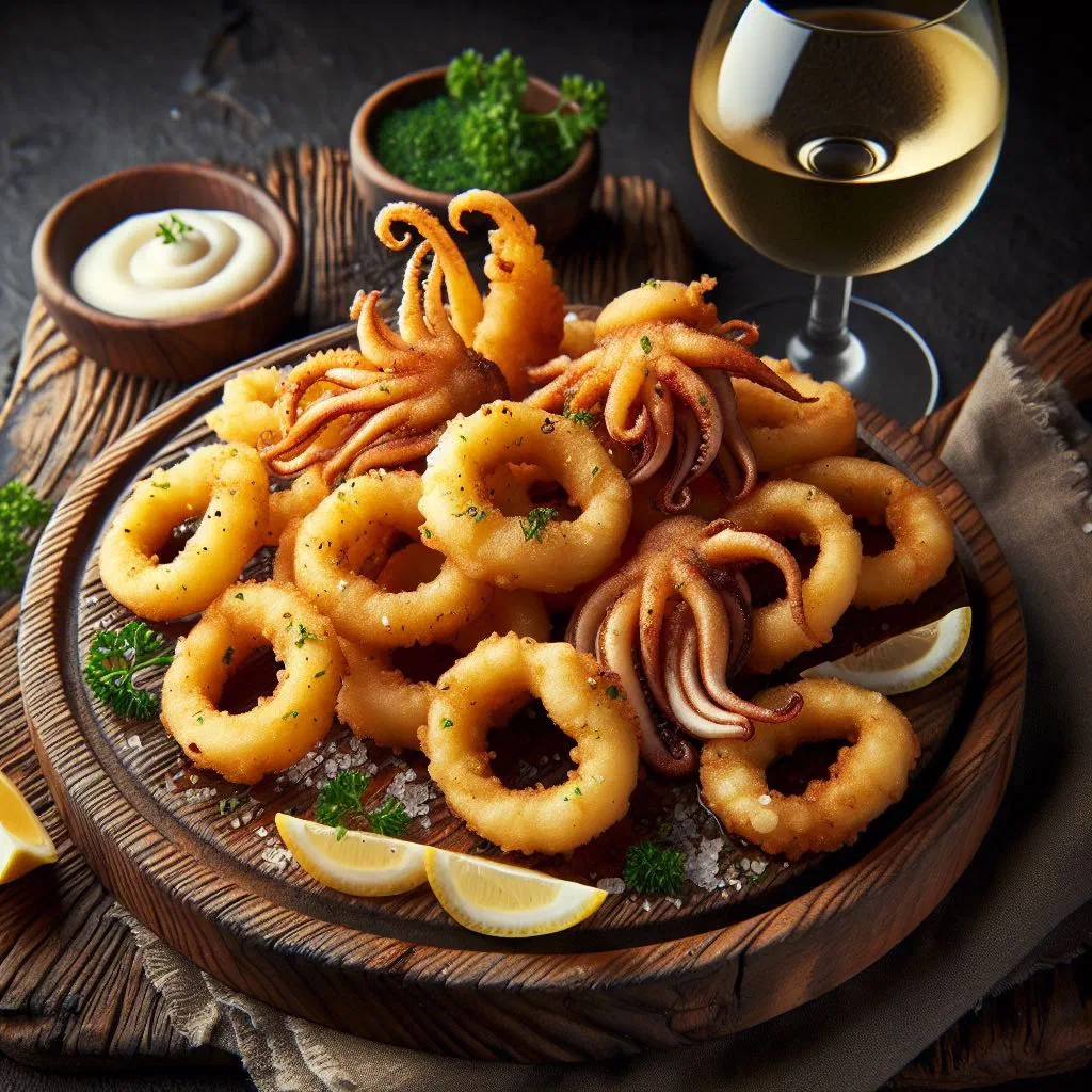 Golden fried squid rings served with lemon wedges