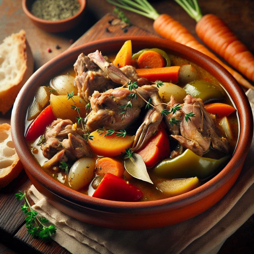 Spanish rabbit stew with tomatoes and peppers in a rustic dish