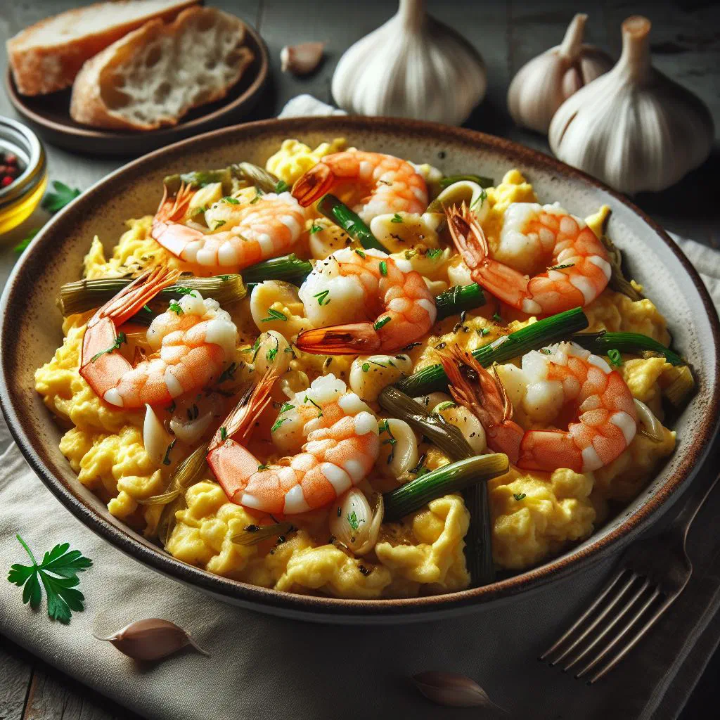 Spanish scrambled eggs with prawns and spring onions garnished with parsley