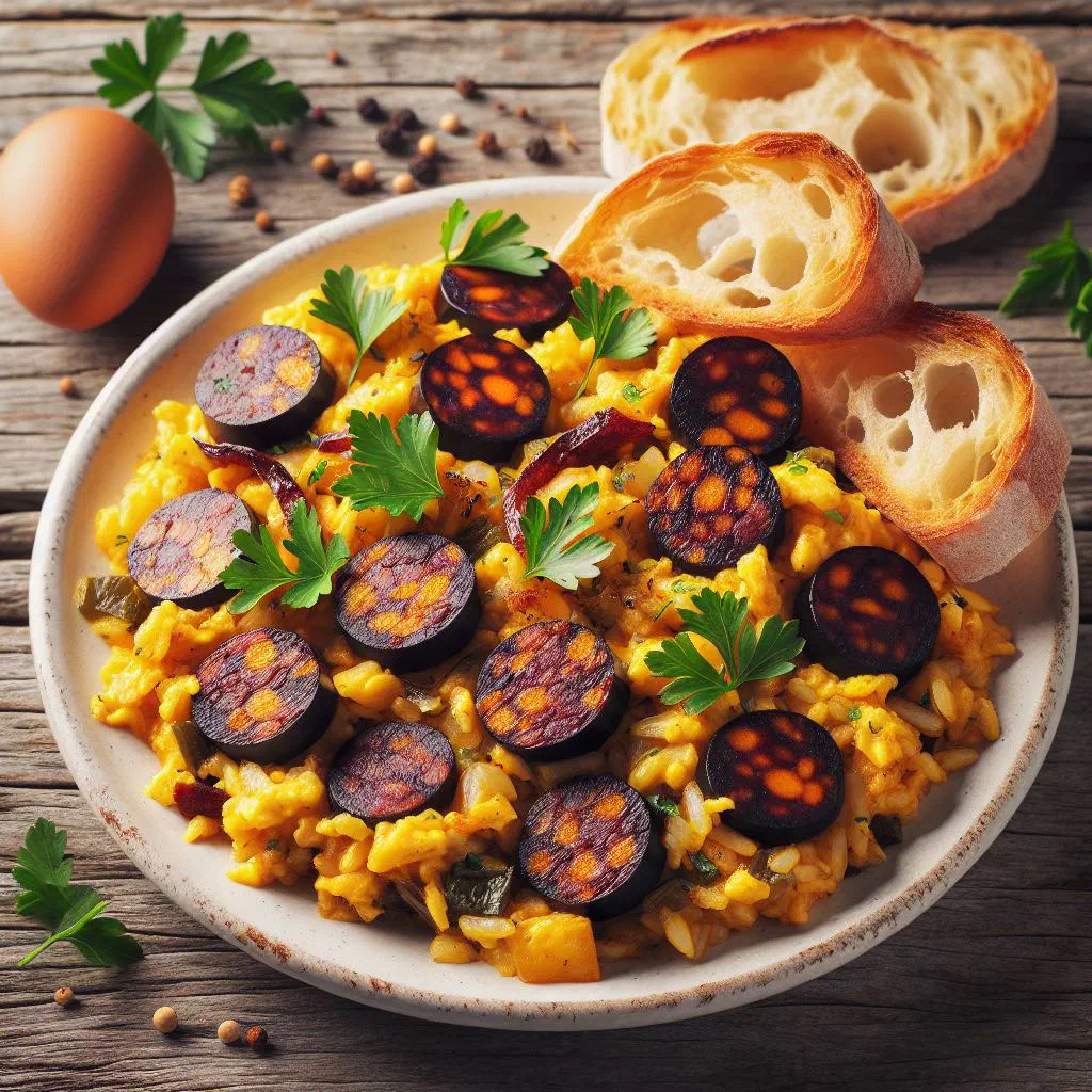 Spanish revuelto de morcilla with softly scrambled eggs and blood sausage garnished with parsley