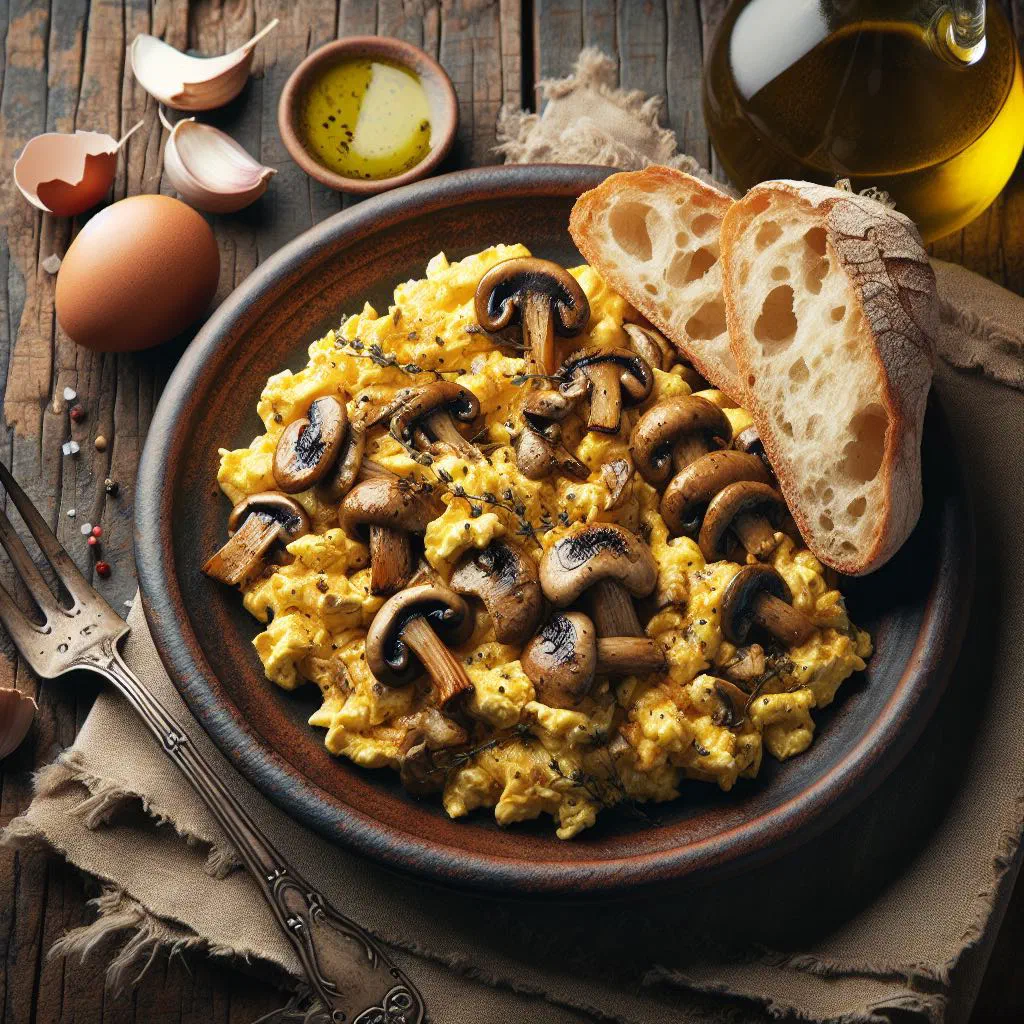 Spanish revuelto de setas, soft scrambled eggs with sautéed mushrooms and parsley