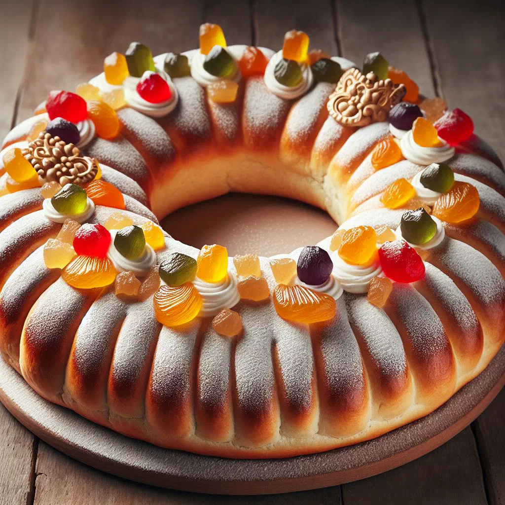 Ring-shaped Roscón de Reyes topped with candied fruit and almonds