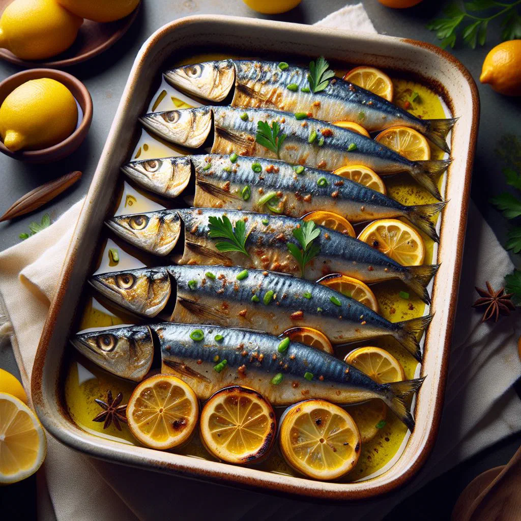 Baked sardines with lemon slices, garlic and fresh parsley in a roasting dish
