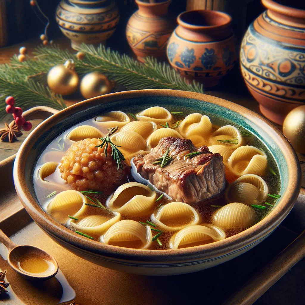 A bowl of Sopa de Galets with large filled pasta shells in golden broth