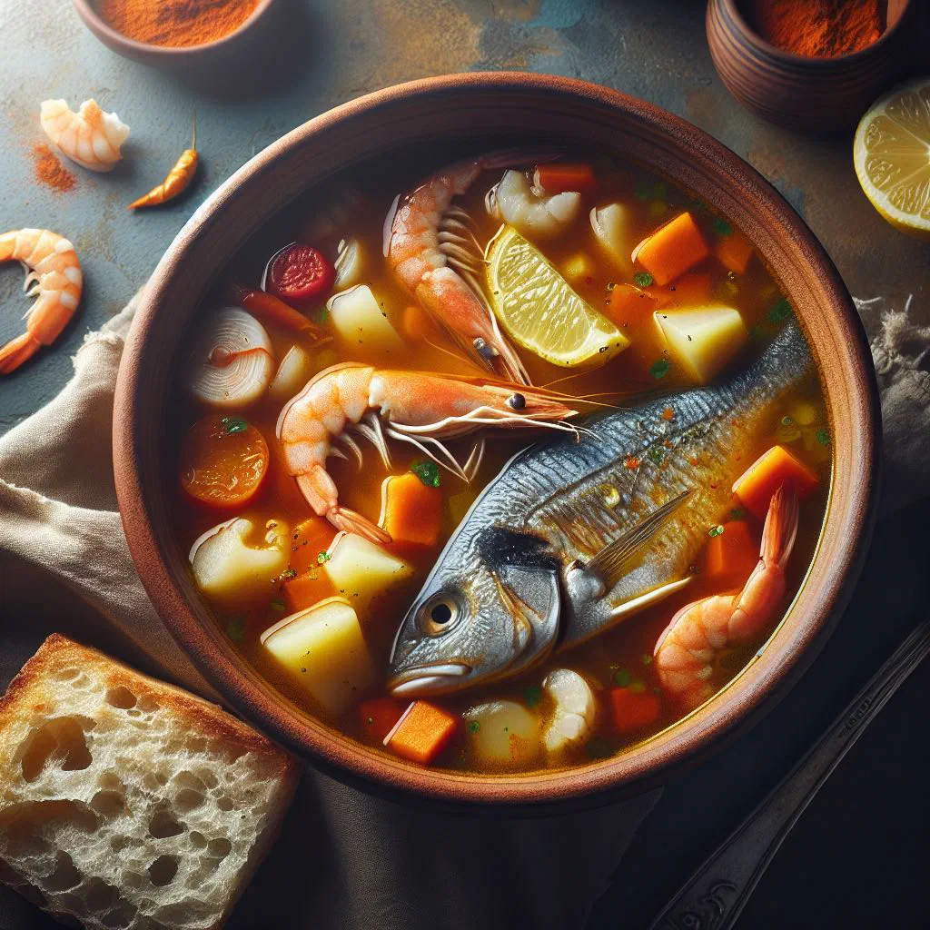 Bowl of Spanish fish soup garnished with fresh parsley