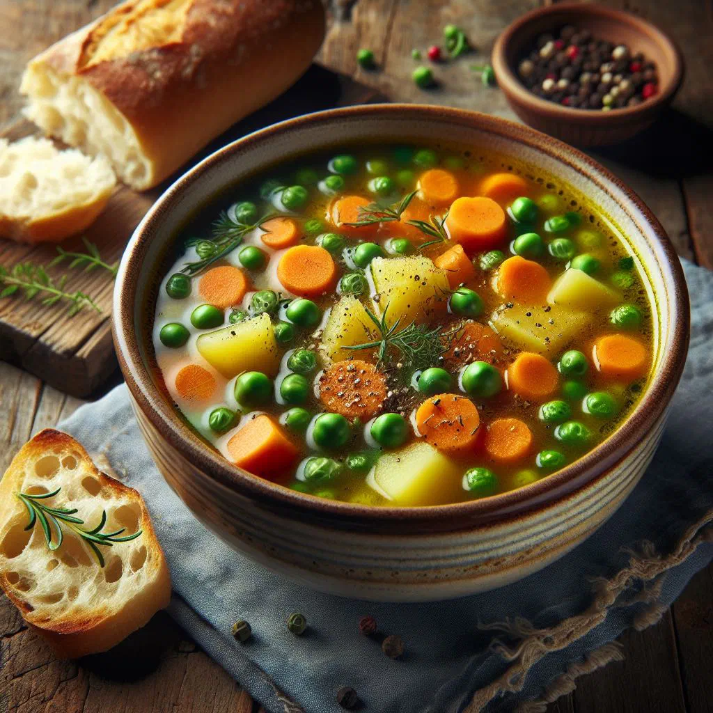 A bowl of Spanish sopa de verduras with diced vegetables and fresh herbs