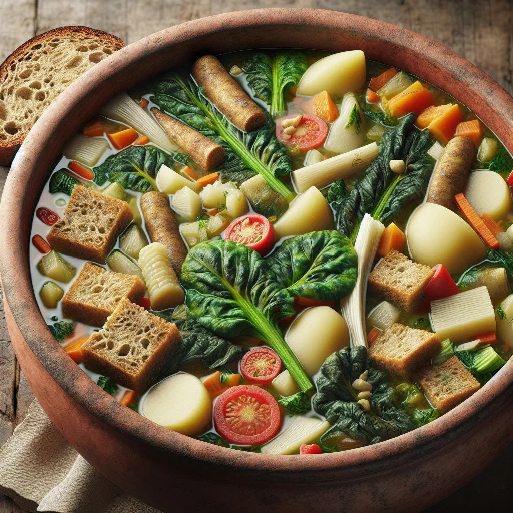 Bowl of Sopa Mallorquina with vegetables, bread and a drizzle of olive oil