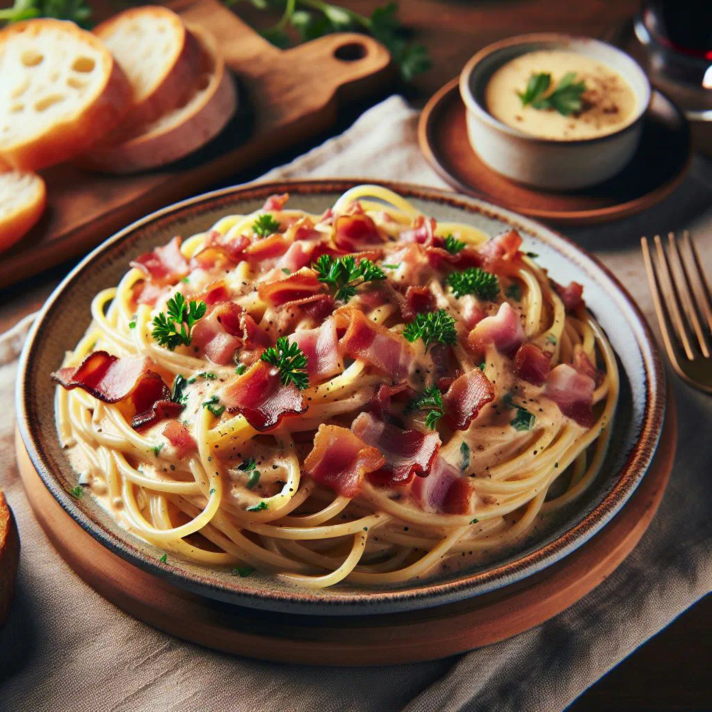 A bowl of creamy carbonara spaghetti topped with crisp Serrano ham and grated cheese