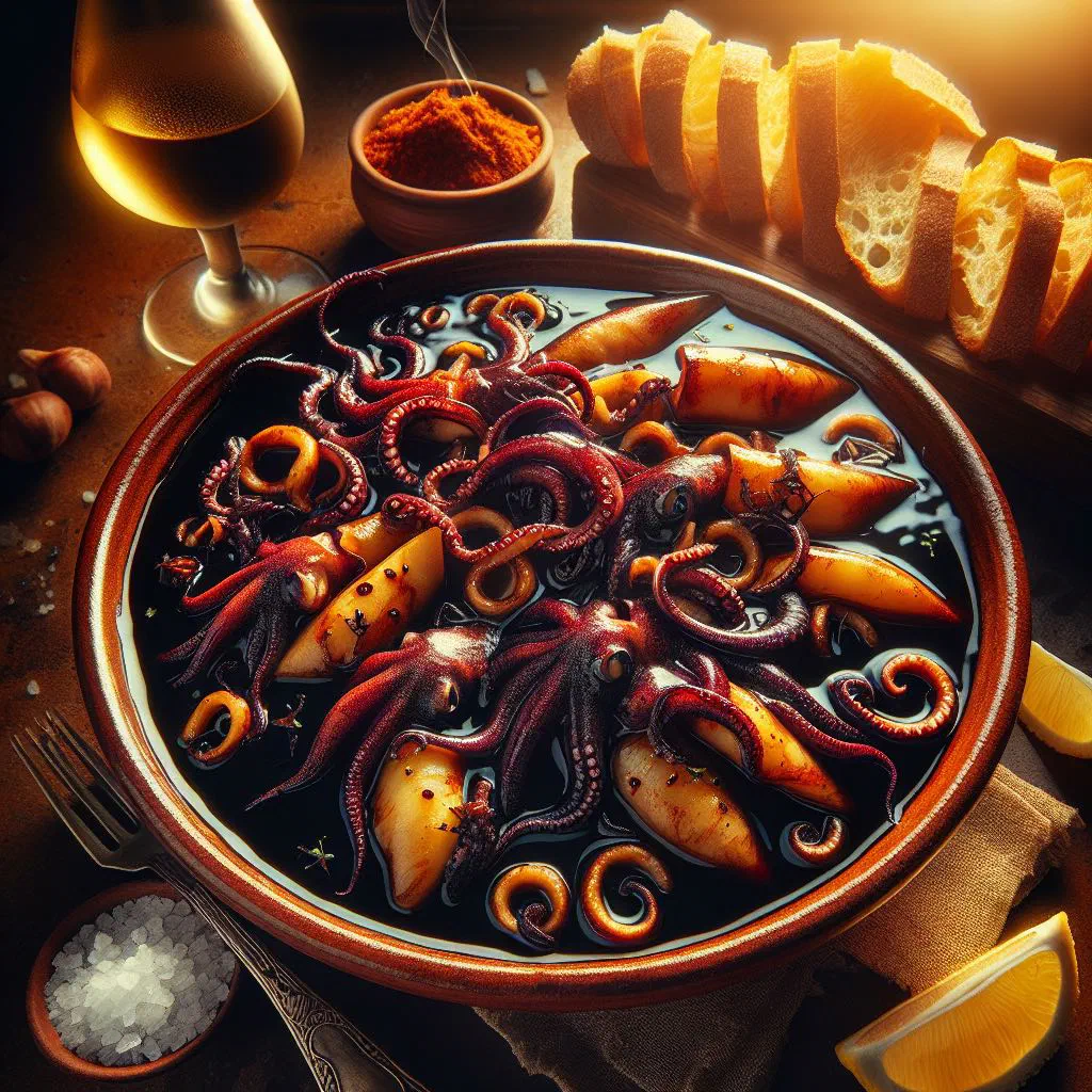 Tender squid simmered in a dark, glossy squid-ink sauce, garnished with parsley