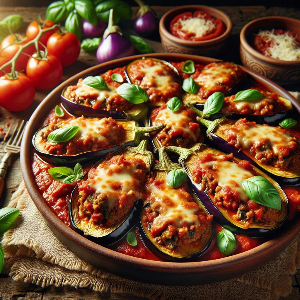 Baked stuffed aubergine halves topped with melted cheese and parsley