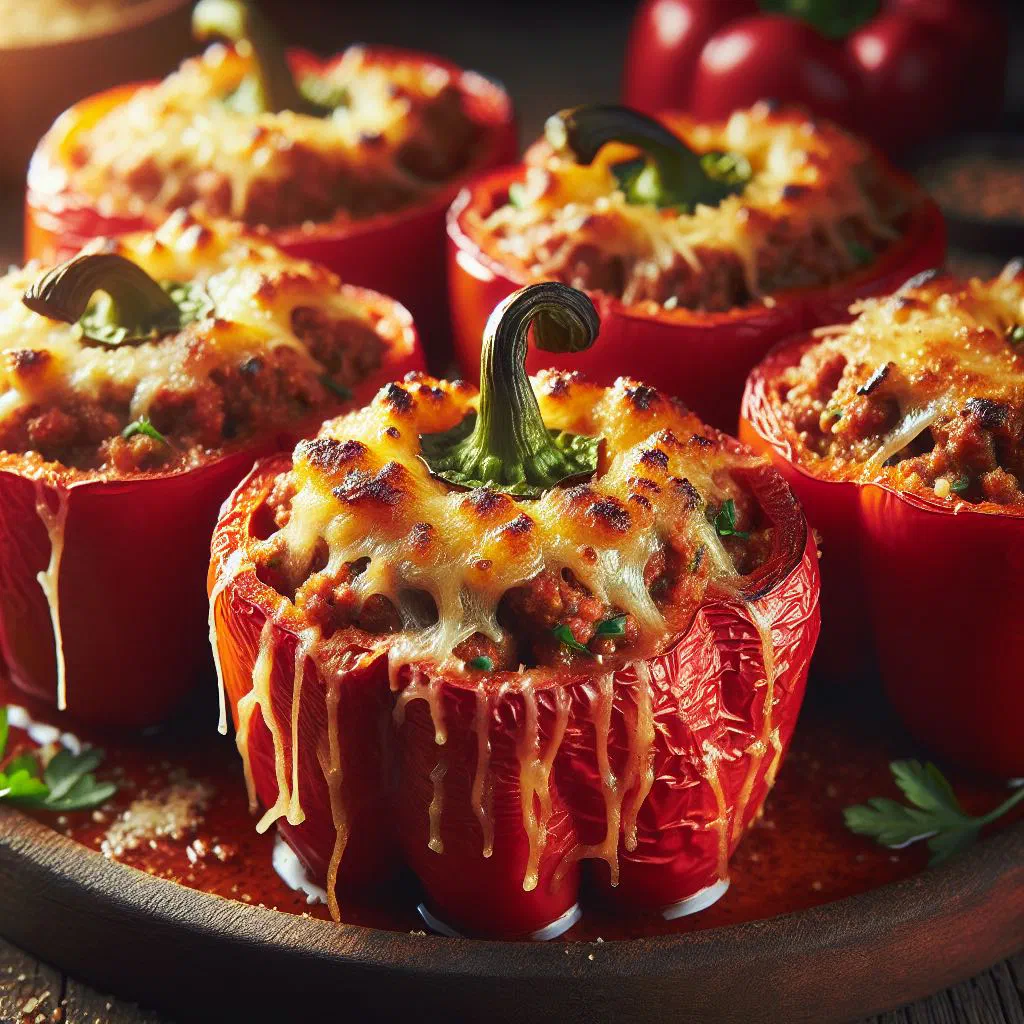 Spanish stuffed peppers baked with tomato and golden melted cheese